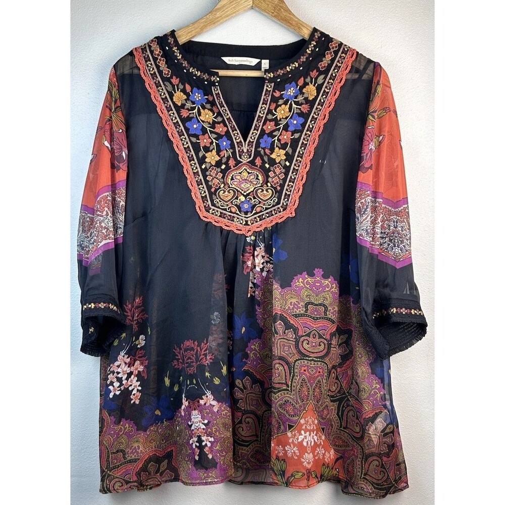 Soft Surroundings Embroidered Boho Artsy Festival Tunic With Cami Size L Black